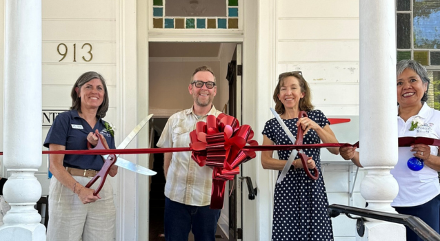 Two women in front of new offices at Vermeil House in Calistoga